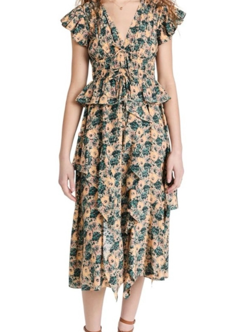 Ulla Johnson Avia Floral Ruffle Midi Dress in Peach yellow Green blue silk